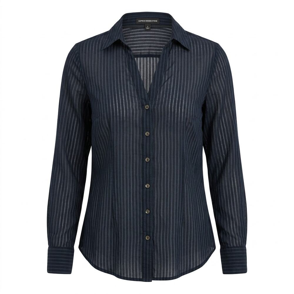 Express Design Collared Lightweight Striped Button-Up Shirt Women Size S